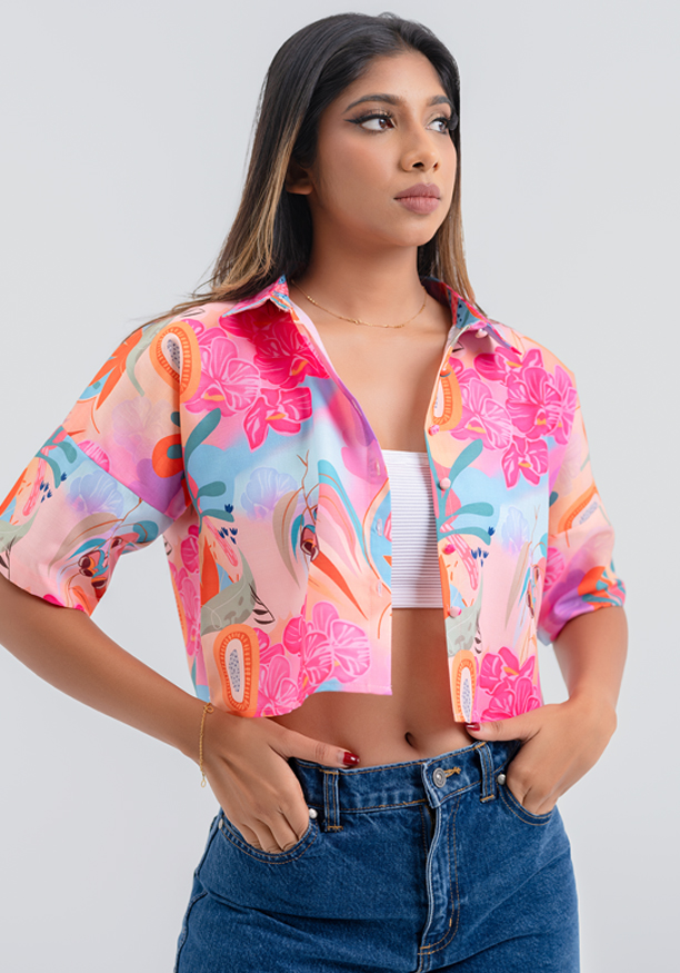 LORELA PINK PRINTED CROP BLOUSE